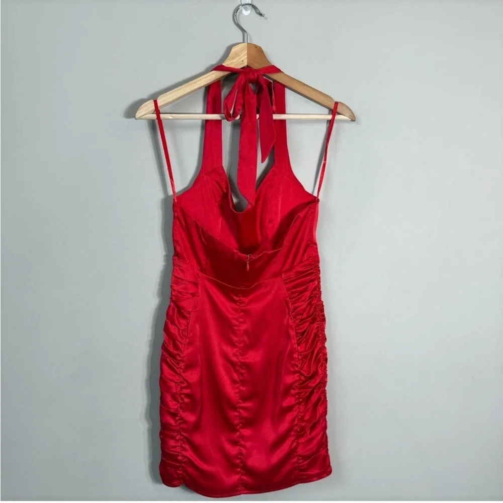 SAINTS + SECRETS NWT Red Satin Halter Ruched Mini Dress Bodycon Size 10 - Picture 8 of 13